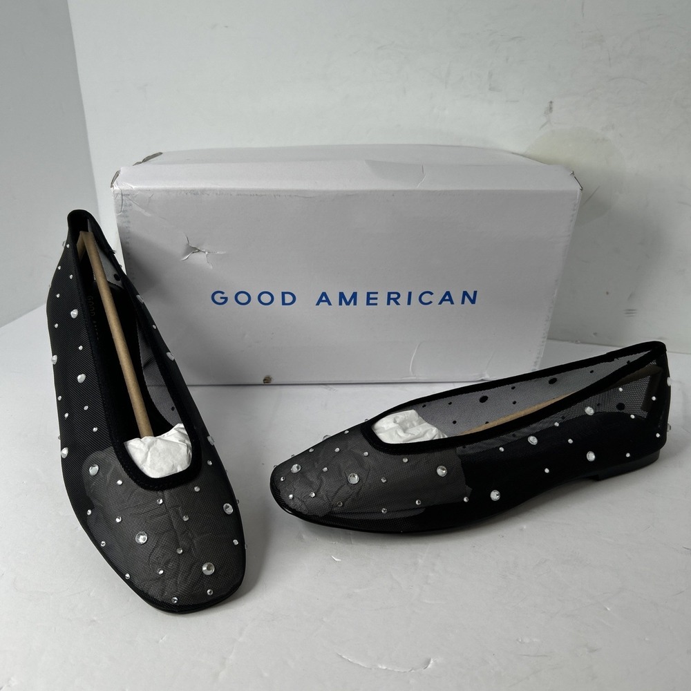 Good Americanโ Diamond Mesh Ballet Black Flats Size 10 Crystal Accent New